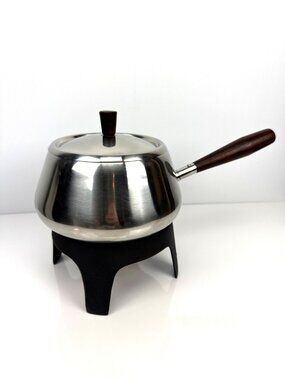 Vintage 1970's Dolphin Stainless Steel Fondue Pot and Cast Iron Stand Japan